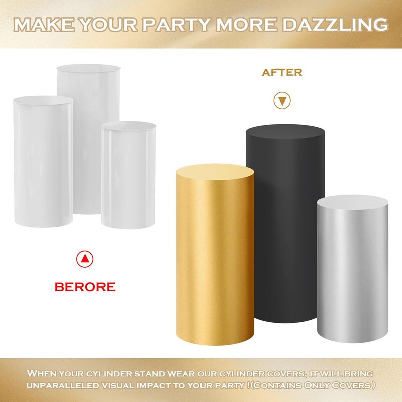 SaitiMade Set of 3 Gold Silver Black Cylinder Pedestal Stand Covers, 3pcs Spandex Mixed Colors Cylinder Stand Covers for Party, Wedding or Birthday Event Decor (Only Contains Colorful Cylinder Covers) - Image 3